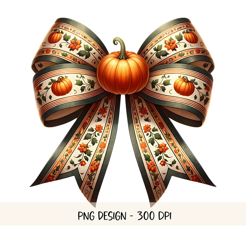 May include: A green and white ribbon bow with a floral pattern and a small orange pumpkin in the centre.