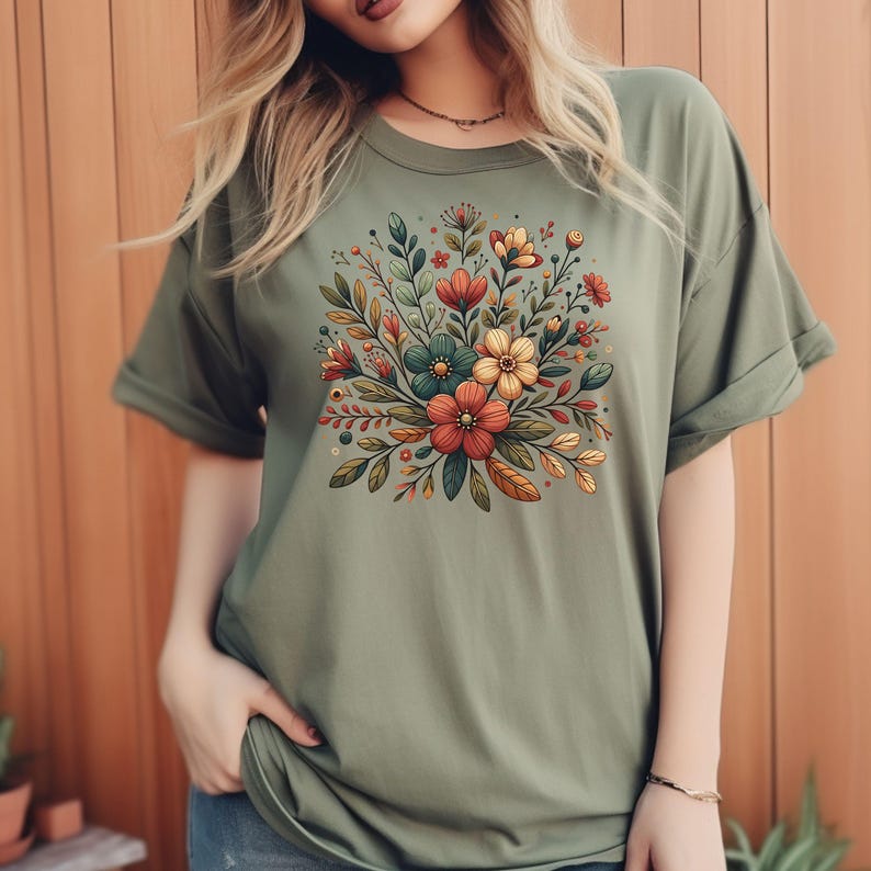Peut inclure: Un t-shirt vert avec un imprim&eacute; floral repr&eacute;sentant un bouquet de fleurs rouges, orange, jaunes et vertes.