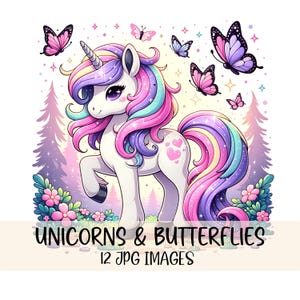 Bundle de cliparts licorne arc-en-ciel mignon Images JPG aquarelle pastel licorne graphiques papillon Clipart licorne Design imprimable magique animal