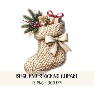 Calza di Natale Clipart Calza beige lavorata a maglia grossa PNG Decorazione per le vacanze in fattoria Clipart di Natale accogliente Arte natalizia stampabile Minimalista