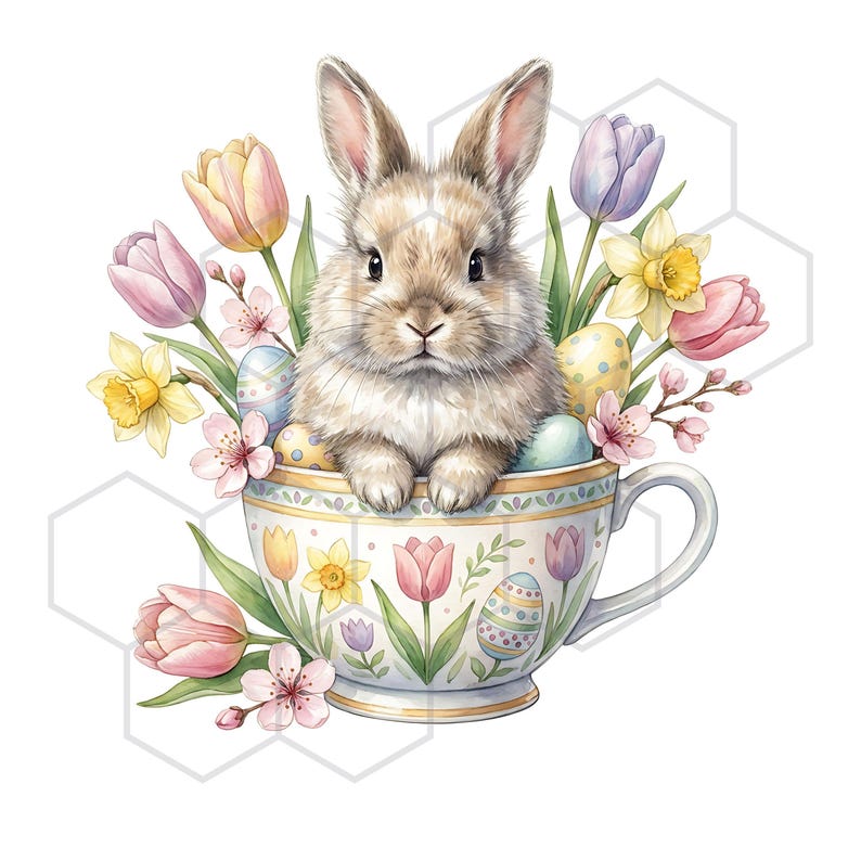Watercolor Rabbit in a Floral Teacup Clipart Bundle Easter Bunny ...