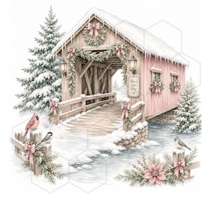 May include: A watercolour illustration of a covered wooden bridge in a snowy winter landscape. The bridge is decorated with pine garlands, pink bows, and lanterns. A sign reads Peace Love Joy. Cardinals and other birds sit on a wooden fence.