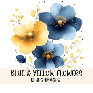 Paquete de imágenes prediseñadas de flores abstractas, gráficos de flores azules y amarillas en acuarela, imágenes prediseñadas de ramo floral, imágenes JPG de alta calidad, ilustración botánica