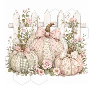 Op de afbeelding: Drie decoratieve pompoenen met patchworkpatronen in zachtroze, crème en saliegroen, elk voorzien van een stoffen strik en kanten rand. De pompoenen staan voor een wit houten hek versierd met klimmende roze rozen en groen blad.