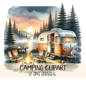 Pacote de clipart de acampamento, trailer em aquarela, imagem JPG de alta qualidade, clipart de caravana, gráficos de aventura, download digital, sublimação para impressão