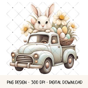 May include: A white bunny sits in the driver's seat of a light blue vintage pickup truck. The truck bed is filled with a basket of colorful Easter eggs and yellow flowers.