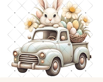 May include: A white bunny sits in the driver's seat of a light blue vintage pickup truck. The truck bed is filled with a basket of colorful Easter eggs and yellow flowers.