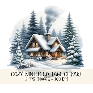 Gemütliches Winter Häuschen Clipart Verschneite Szene Digitale Kunst Cottagecore Weihnachten Winter Wunderland Grafiken Aquarell Cabochon Illustration JPG Bild