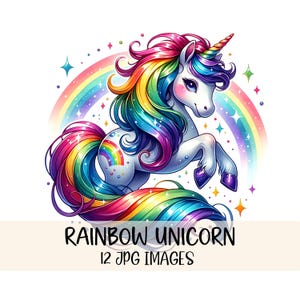 Bundle de cliparts Licorne arc-en-ciel mignon Images JPG Graphismes de licorne aquarelle Animaux magiques Clipart Licorne Design Téléchargement numérique imprimable