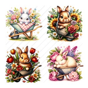Pode incluir: Quatro ilustra&ccedil;&otilde;es de coelhos em carrinhos de m&atilde;o cheios de flores coloridas. Os coelhos s&atilde;o brancos, marrons e brancos com uma coroa de flores. Os carrinhos de m&atilde;o s&atilde;o todos de metal cinza.