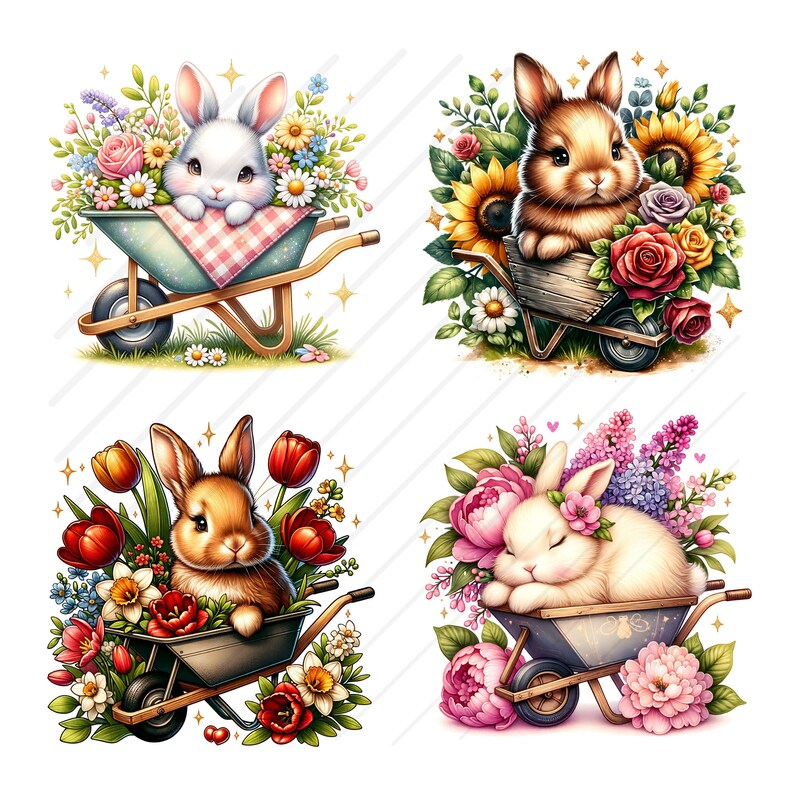 Pode incluir: Quatro ilustra&ccedil;&otilde;es de coelhos em carrinhos de m&atilde;o cheios de flores coloridas. Os coelhos s&atilde;o brancos, marrons e brancos com uma coroa de flores. Os carrinhos de m&atilde;o s&atilde;o todos de metal cinza.