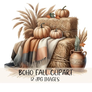 Boho Fall Clipart Bundle Autumn Harvest Clip Art Printable Pumpkin Harvest Graphics JPG Image Illustration Junk Journal Thanksgiving Clipart