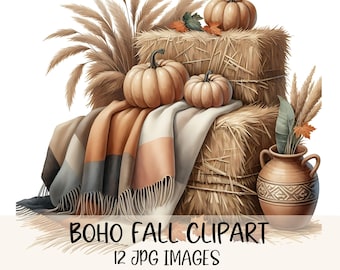 Boho Fall Clipart Bundle Autumn Harvest Clip Art Printable Pumpkin Harvest Graphics JPG Image Illustration Junk Journal Thanksgiving Clipart