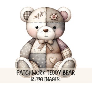 Può includere: Illustrazione ad acquerello di un orsacchiotto patchwork dai colori pastello tenui. L'orso è fatto di vari modelli di tessuto, tra cui floreale, a quadri e pizzo. Ha un papillon e una toppa a forma di cuore. Il testo in basso recita "PATCHWORK TEDDY BEAR 12 JPG IMAGES."