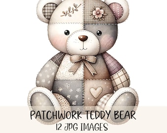 Floral Patchwork Bear Clipart Bundle Quilted Bear Clipart High Quality JPGs Cute Teddy Bear Illustrations Nursery Decor Art Paper Craft