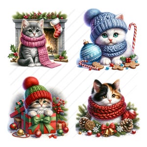 May include: Four adorable kittens wearing festive winter hats and scarves. The kittens are surrounded by Christmas decorations, including ornaments, candy canes, and a fireplace.