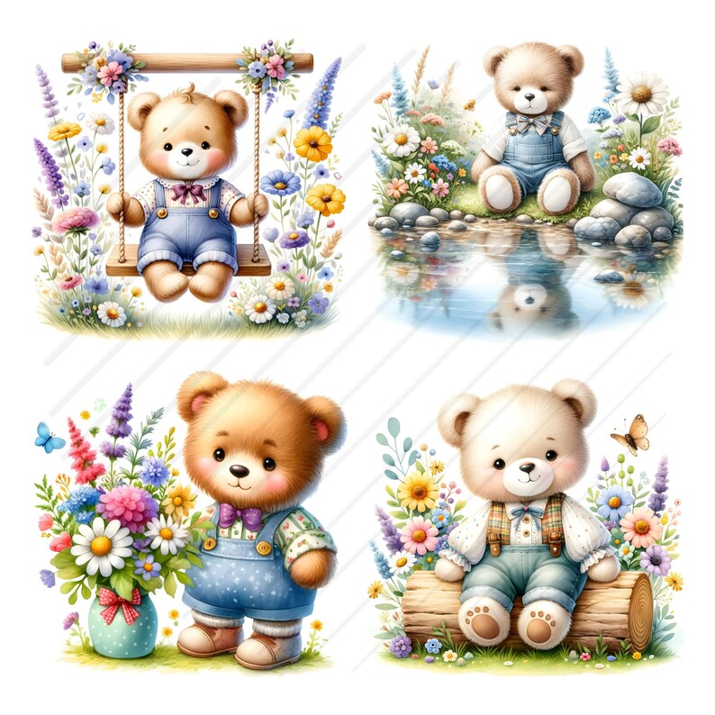 Op de afbeelding: Vier illustraties van teddyberen in verschillende omgevingen. E&eacute;n beer zit op een schommel omringd door bloemen, een andere zit bij een vijver, een andere staat naast een boeket bloemen en de laatste zit op een boomstam.