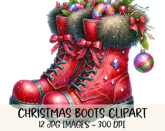Pacote de imagens clipart de botas de Natal, incluindo imagens JPG de botas de Papai Noel, ilustrações vintage de meias de Natal em aquarela e gráficos para impressão.