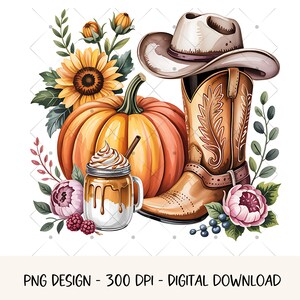 Può includere: Illustrazione ad acquerello con uno stivale da cowboy, cappello, zucca, girasole e una bevanda in un barattolo di vetro. L'immagine ha un tema autunnale con accenti floreali e bacche. Il testo in basso recita "PNG DESIGN - 300 DPI - DIGITAL DOWNLOAD."