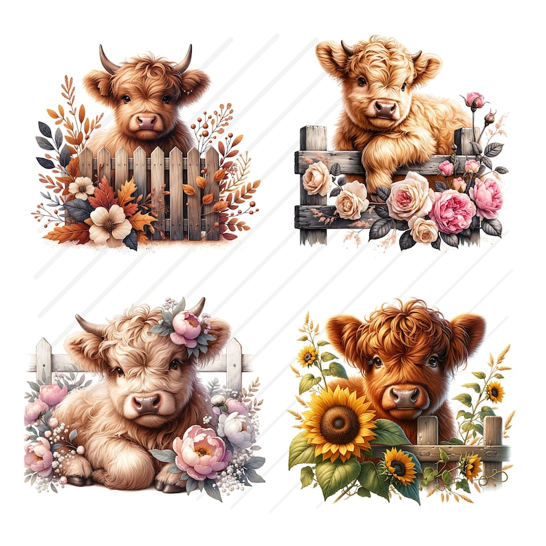 May include: Four digital illustrations of Highland cattle with floral accents. Each image features a brown and white Highland cow with a different floral arrangement. The first image features a cow with fall-colored leaves and flowers. The second image features a cow with pink and white roses. The third image features a cow with white and pink peonies. The fourth image features a cow with sunflowers.