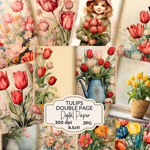Tulipani doppia pagina Junk Journal pagine acquerello Tulip stampabile JunkJournal pagine floreali Vintage Download digitale immagini dell'album