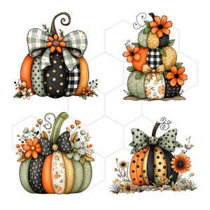May include: A set of four decorative pumpkin illustrations featuring various patterns including black and white buffalo check, polka dots, and floral prints. Each pumpkin is adorned with bows, orange flowers, and greenery in a seasonal color palette.