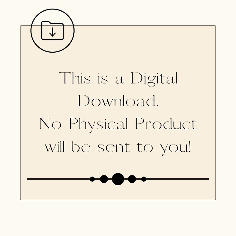 Op de afbeelding: Een digitaal downloadpictogram met een map en een pijl naar beneden. De tekst luidt: "Dit is een digitale download. Er wordt geen fysiek product naar u verzonden!"