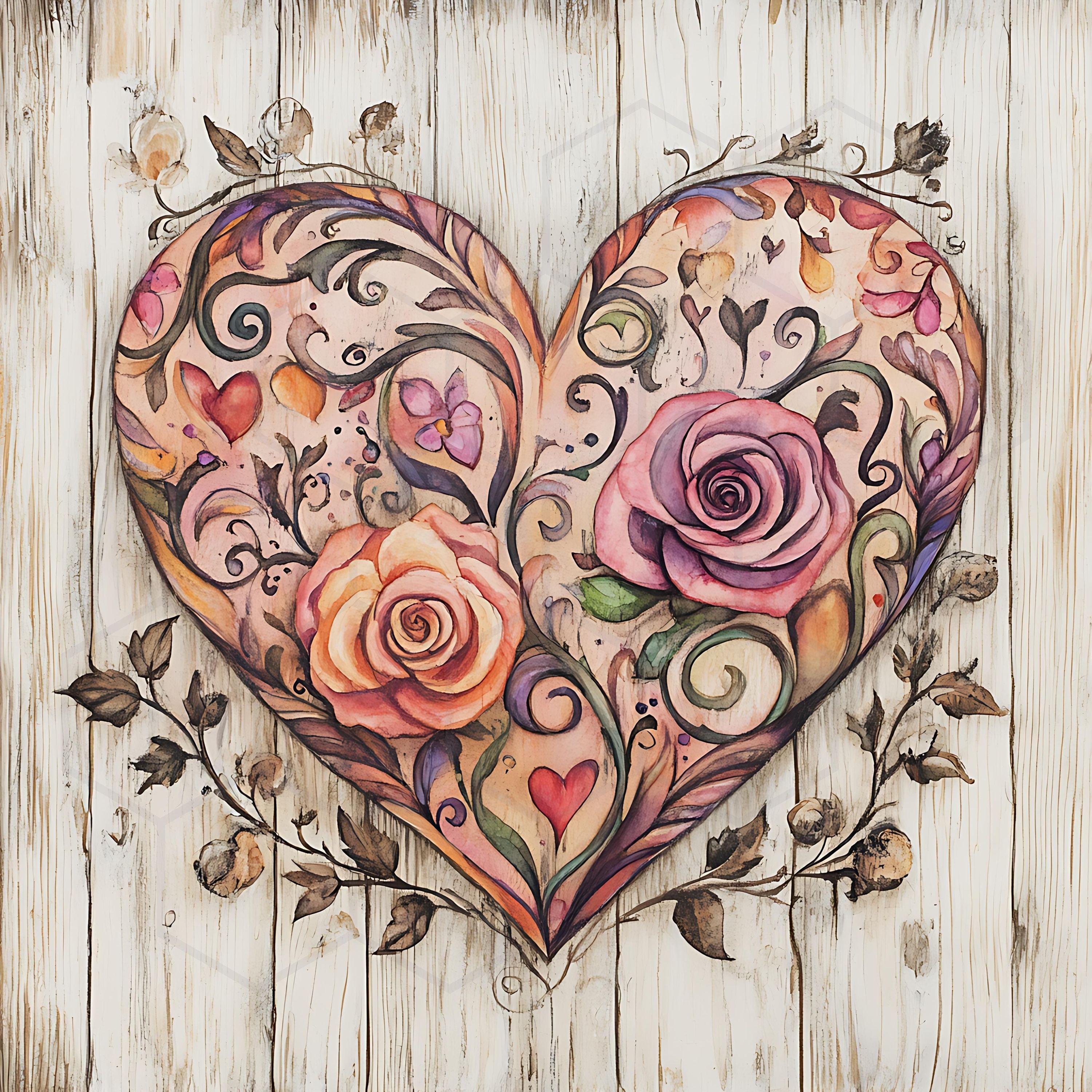 Watercolor Floral Heart Clipart Rustic Barn Wood JPG Images Farmhouse ...