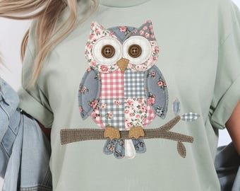 Patchwork Owl Png Sublimation Design Cottagecore Quilted Owl Png Trendy Png Woodland Animal T-Shirt Design Digital Download