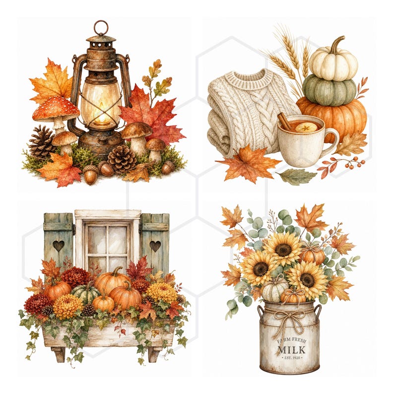 Watercolor Fall Clipart Bundle Autumn Harvest Clip Art Cozy Cottagecore ...
