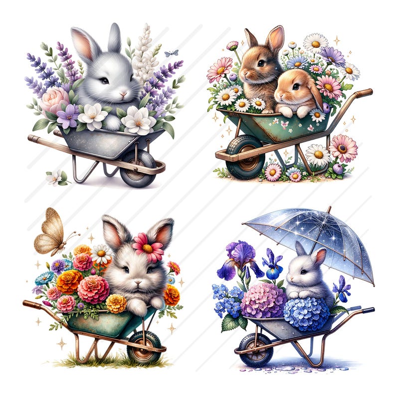 Pode incluir: Quatro ilustra&ccedil;&otilde;es de coelhos em carrinhos de m&atilde;o cheios de flores coloridas. Os coelhos s&atilde;o brancos com narizes rosados e bigodes. Os carrinhos de m&atilde;o s&atilde;o verdes e t&ecirc;m al&ccedil;as de madeira. As flores s&atilde;o de v&aacute;rias cores, incluindo rosa, roxo, amarelo e laranja.