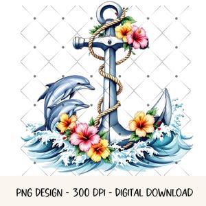 Ancla floral de acuarela PNG, ancla de acuarela, clipart, gráfico náutico, diseño de camiseta de pescador costero, delfín PNG, descarga digital, impresión
