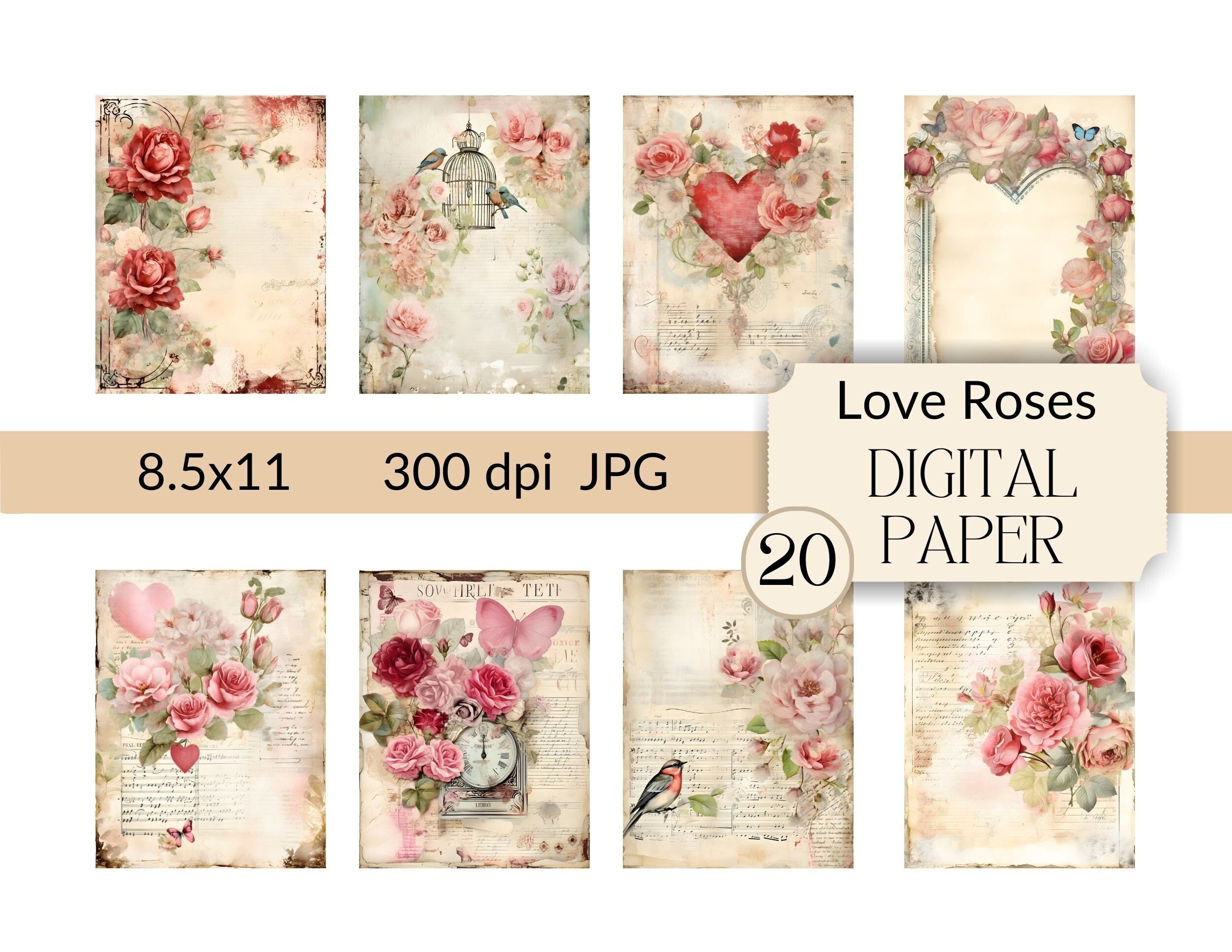 Roses Junk Journal Pages Shabby Chic Hearts Floral Digi Junkjournal ...