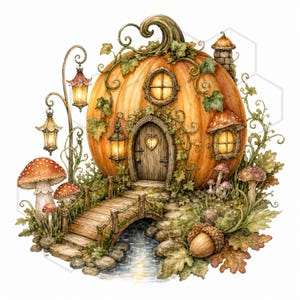 Pode incluir: Uma grande casa de abóbora laranja com uma porta de madeira com uma janela em forma de coração, lanternas brilhantes e janelas. A estrutura é cercada por vinhas verdes, cogumelos vermelhos com pintas brancas, uma ponte de madeira e uma bolota.