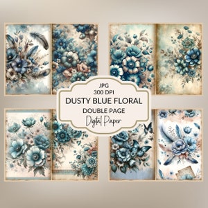 Floral Dusty Blue Junk Journal Kit Vintage Flowers Printable Paper Blue Floral Journal Pages Watercolor Floral Ephemera  JunkJournal Pages