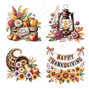 Op de afbeelding: Waterverfillustraties met Thanksgiving-thema's. Bevat een houten kist vol bloemen, appels, peren en een pompoen. Een vintage lantaarn met bloemen, een hoorn des overvloeds en een banner met "Happy Thanksgiving" met zonnebloemen.