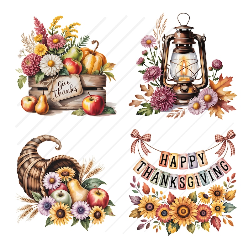 Op de afbeelding: Waterverfillustraties met Thanksgiving-thema's. Bevat een houten kist vol bloemen, appels, peren en een pompoen. Een vintage lantaarn met bloemen, een hoorn des overvloeds en een banner met "Happy Thanksgiving" met zonnebloemen.