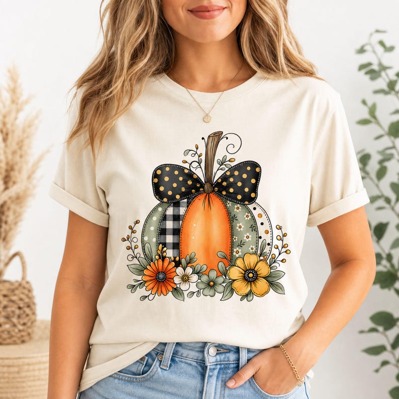 May include: A cream-colored short-sleeve t-shirt featuring a central graphic of a pumpkin decorated with a black and yellow polka dot bow, black and white buffalo plaid accents, and a cluster of orange, yellow, and white flowers at the base.
