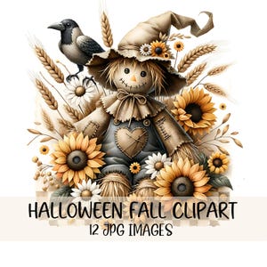 Può includere: Un'illustrazione raffigurante uno spaventapasseri con un cuore cucito, circondato da girasoli, margherite e grano. Un corvo è appollaiato nelle vicinanze. Il testo "HALLOWEEN FALL CLIPART" e "12 JPG IMAGES" è visualizzato sotto.