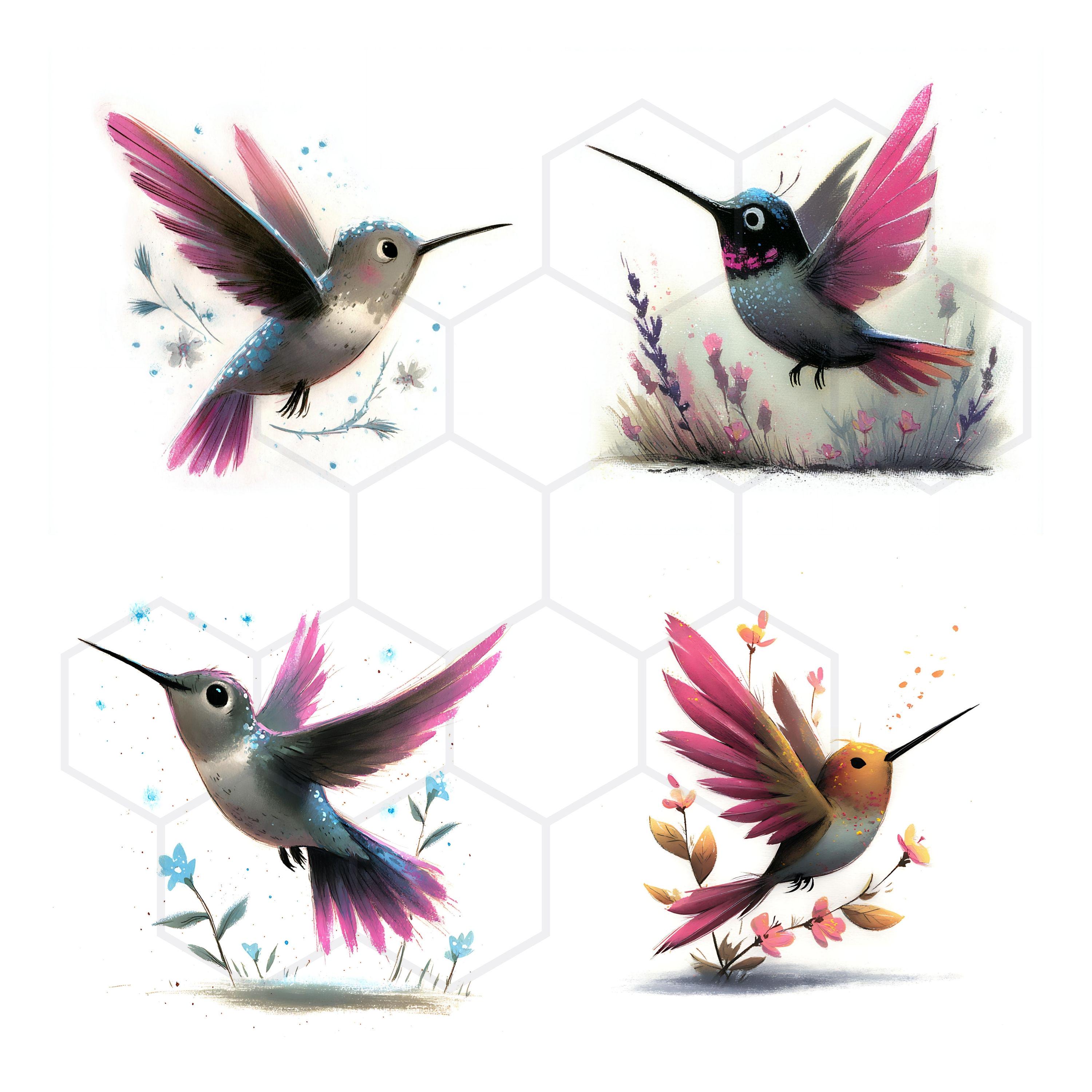 Whimsy Hummingbird Whimsical Hummingbird Clipart Bundle Floral Bird JPG Images Digital ...