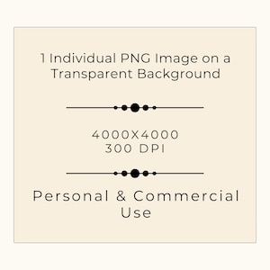 May include: A digital image on a cream background with the text: "1 Individual PNG Image on a Transparent Background", "4000X4000 300 DPI", and "Personal & Commercial Use". Decorative lines and dots are also present.