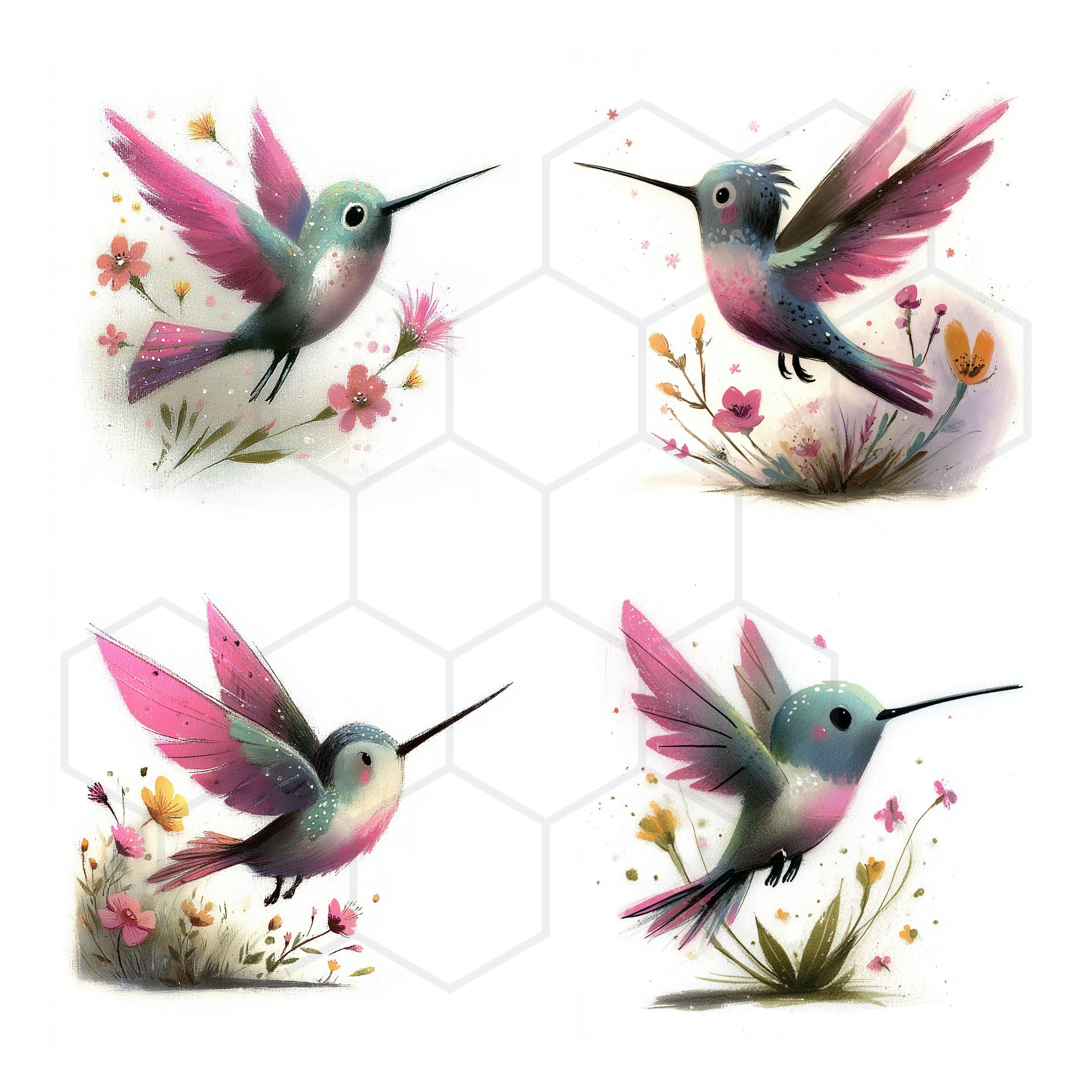 Whimsy Hummingbird Whimsical Hummingbird Clipart Bundle Floral Bird JPG Images Digital ...
