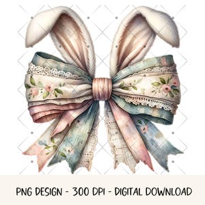 May include: A large, pastel-colored bow with white bunny ears. The bow is made of multiple layers of ribbon and lace, with floral patterns and a light blue and pink color scheme.