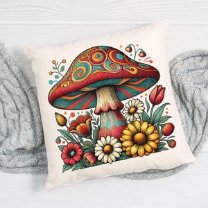 May include: A colorful psychedelic mushroom with a red cap and blue and yellow swirls, surrounded by flowers in shades of red, yellow, and white. The mushroom is on a white background.