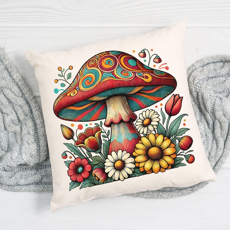 May include: A colorful psychedelic mushroom with a red cap and blue and yellow swirls, surrounded by flowers in shades of red, yellow, and white. The mushroom is on a white background.