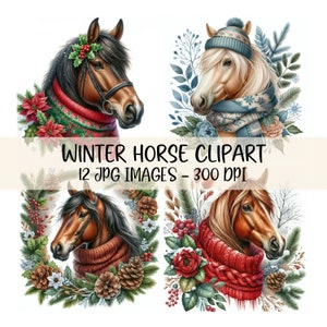 Image cheval clipart JPG hiver tête de cheval avec illustration florale Art amoureux des chevaux Cheval de Noël équestre imprimable en téléchargement numérique
