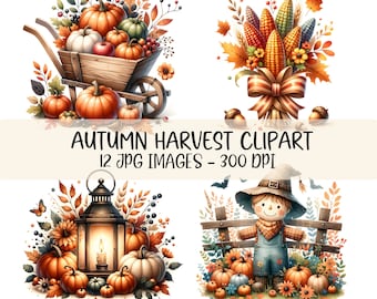 Aquarel herfstclipartbundel, herfstoogstclipart, printbare pompoenoogstafbeeldingen, JPG-afbeeldingen, illustraties, junk journal, sublimatie.