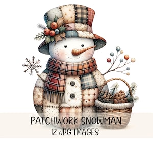 Könnte beinhalten: Aquarell-Illustration eines Patchwork-Schneemanns mit kariertem Schal und Hut, der einen Korb mit Tannenzapfen hält. Der Schneemann hat eine Karottennase und Knopfaugen. Text: "PATCHWORK SNOWMAN 12 JPG IMAGES."