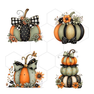 May include: A collection of four decorative pumpkins featuring orange, sage green, and black color palettes. The pumpkins are adorned with patterns including buffalo plaid, polka dots, and stripes, accented with floral arrangements and bows.