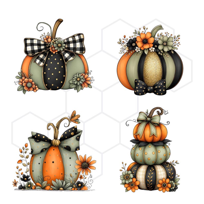 May include: A collection of four decorative pumpkins featuring orange, sage green, and black color palettes. The pumpkins are adorned with patterns including buffalo plaid, polka dots, and stripes, accented with floral arrangements and bows.